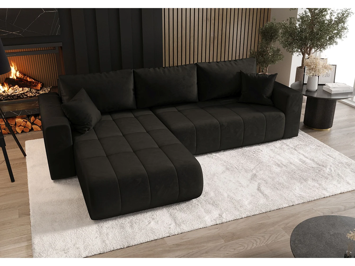 Canapé d'angle LARA gauche graphite velours Monolith 95 - fonction couchage, coffre à literie