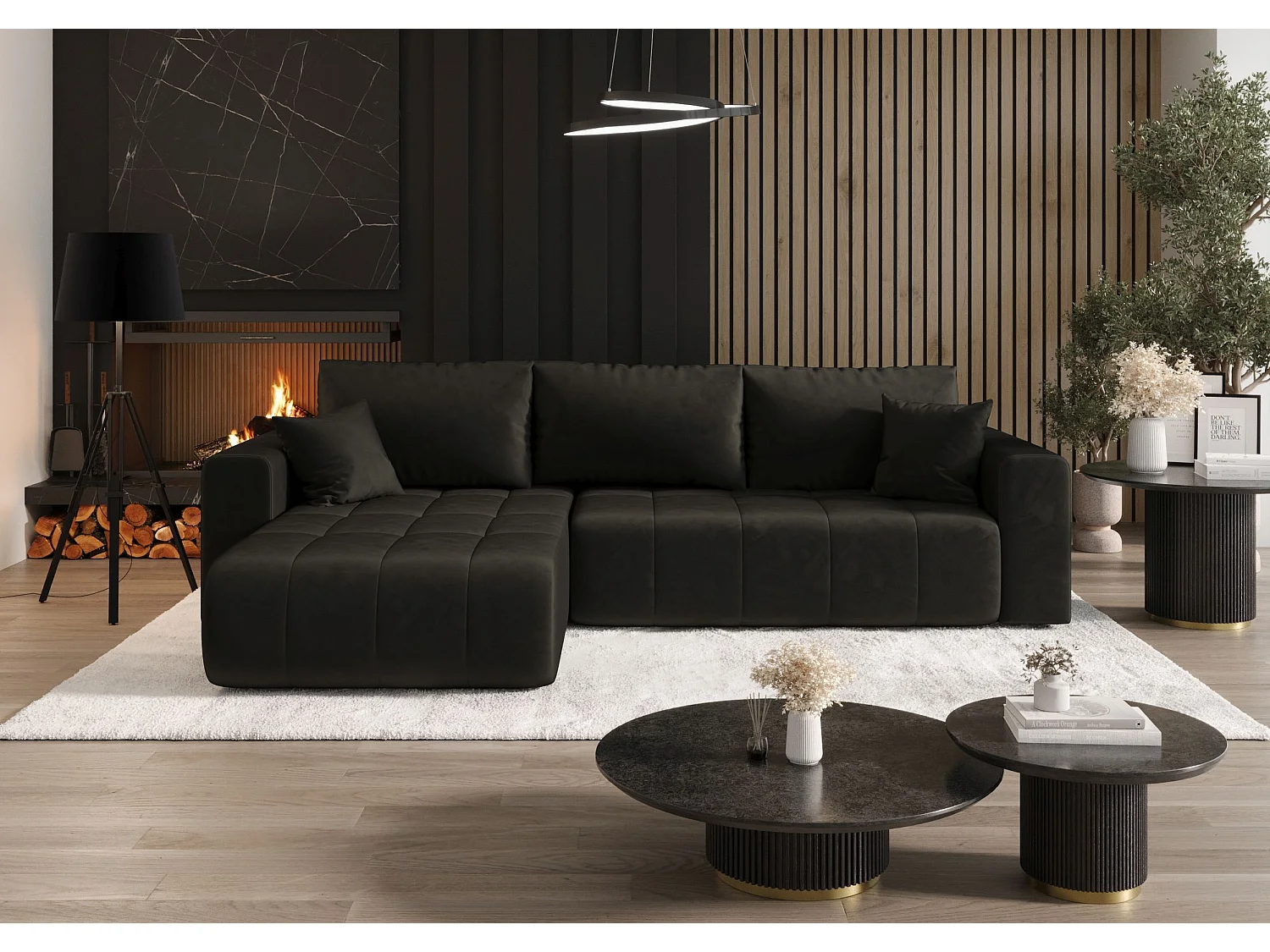 Canapé d'angle LARA gauche graphite velours Monolith 95 - fonction couchage, coffre à literie