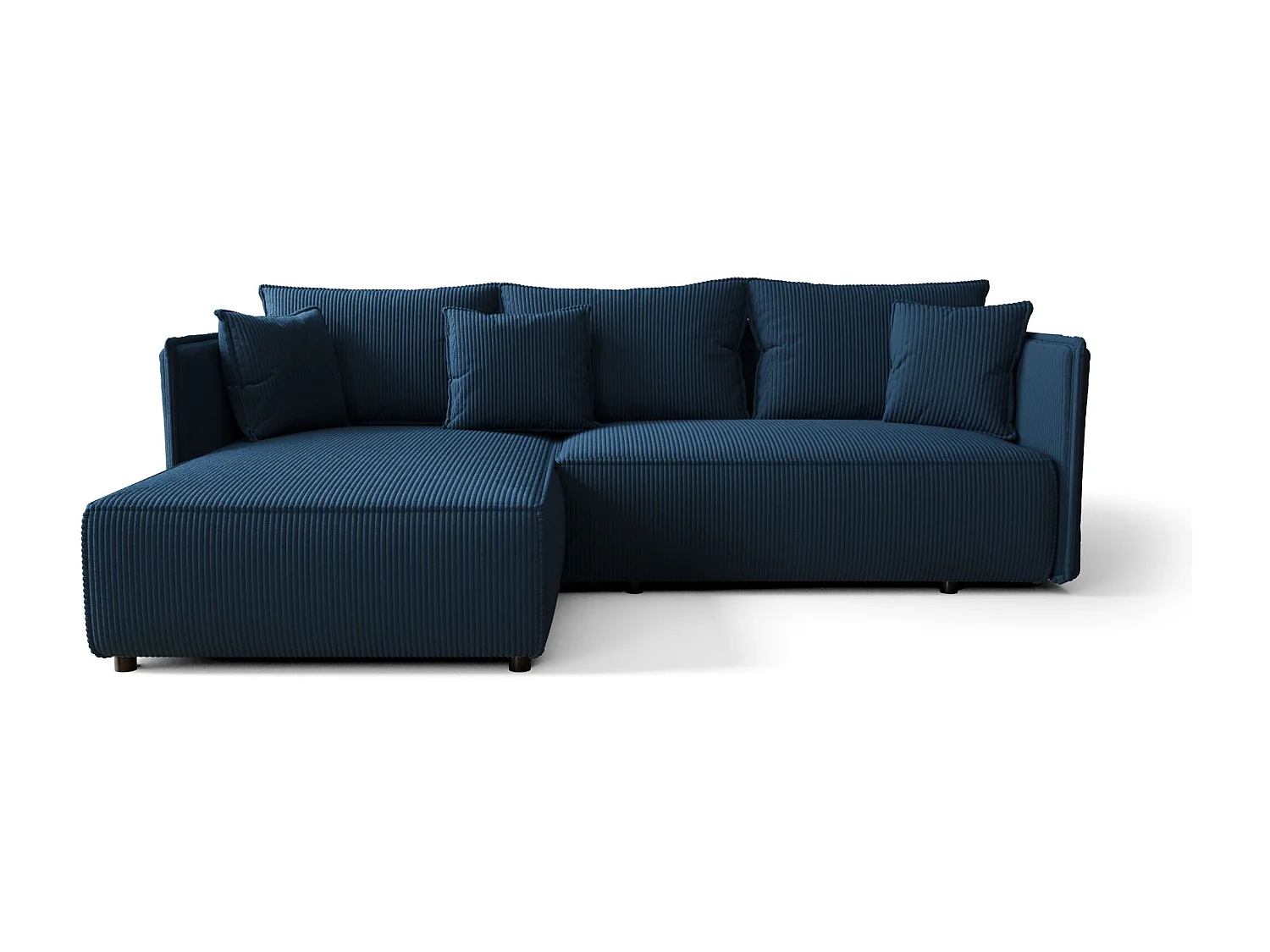Canapé d'angle MILANO gauche bleu foncé velours côtelé Poso 5 - fonction couchage, coffre à literie