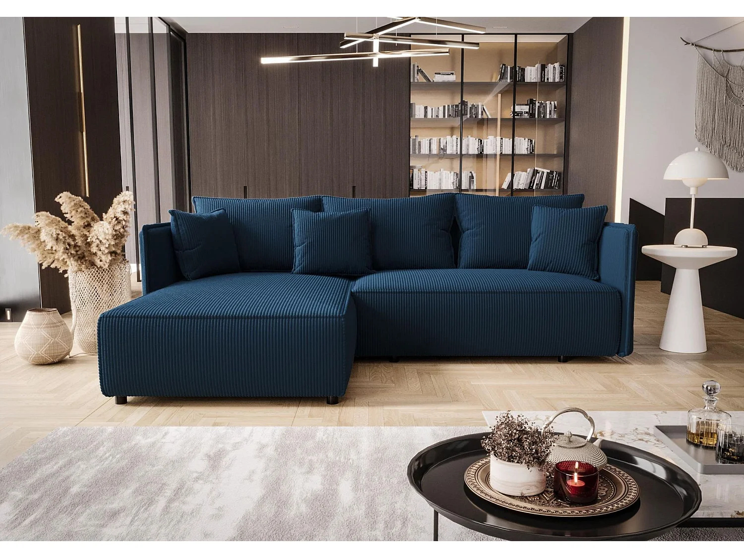Canapé d'angle MILANO gauche bleu foncé velours côtelé Poso 5 - fonction couchage, coffre à literie