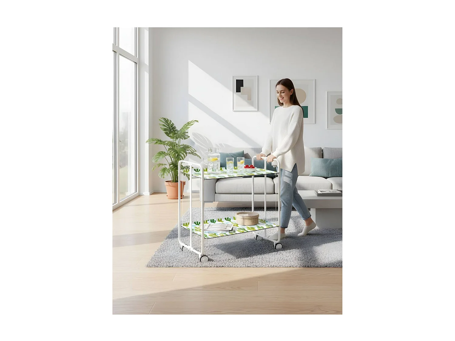 Carrito auxiliar plegable BAUHAUS con ruedas - Armazón metálico blanco, 2 niveles y 4 posiciones ajustables