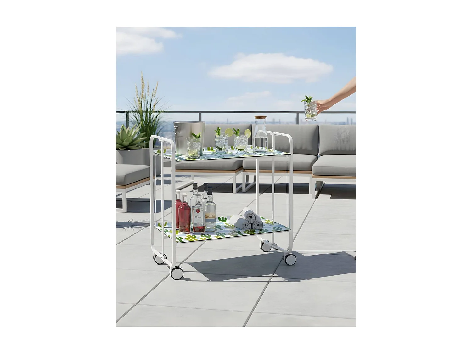 Carrito auxiliar plegable BAUHAUS con ruedas - Armazón metálico blanco, 2 niveles y 4 posiciones ajustables