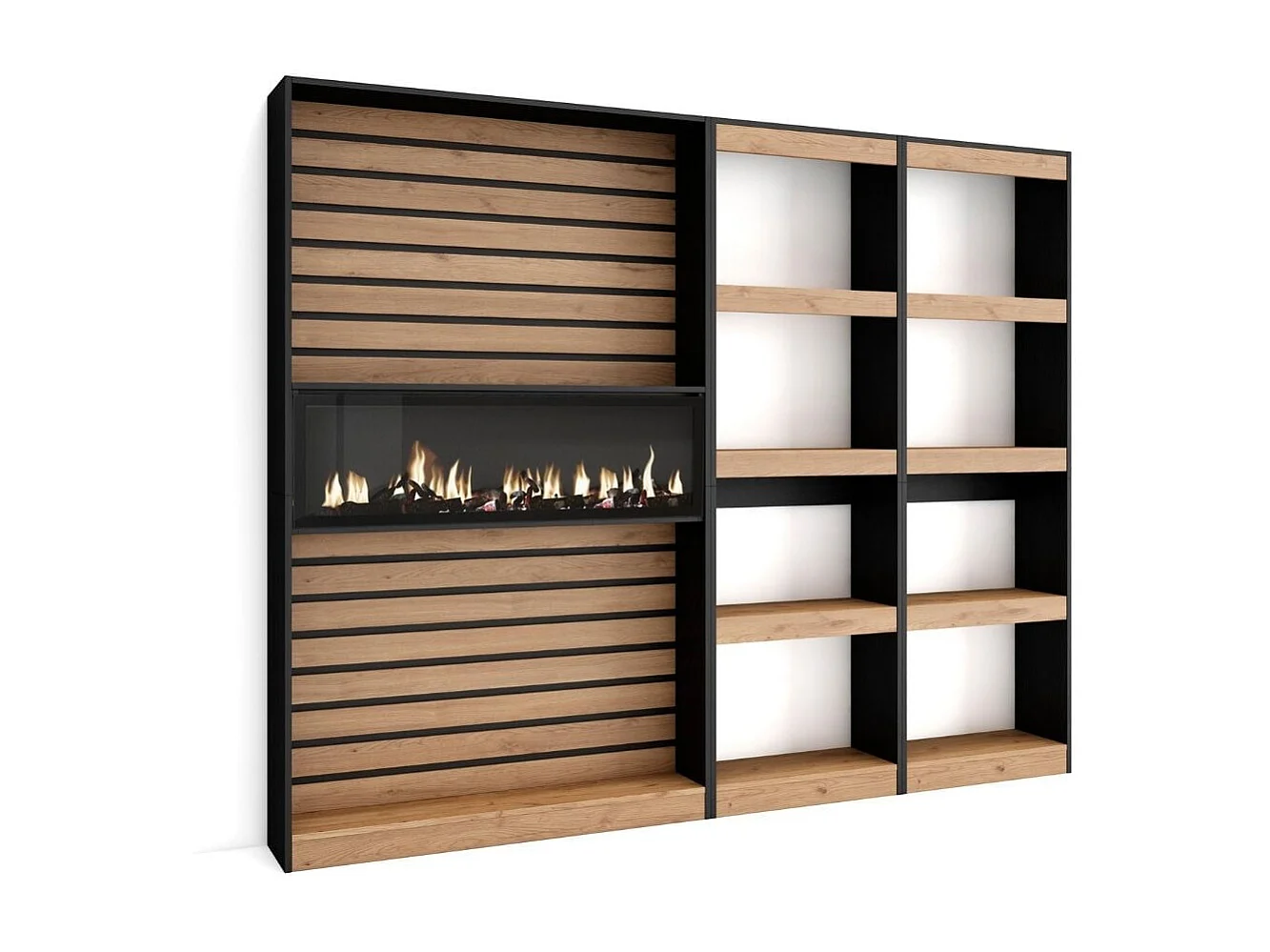 Estantería Kroma 8 estantes con chimenea izquierda negro/roble 186x230x25 cm