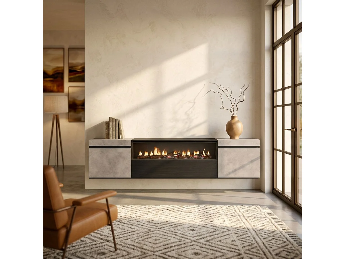 Mueble de TV Kroma con chimenea al centro diseño flotante gris 45x203x34,6 cm