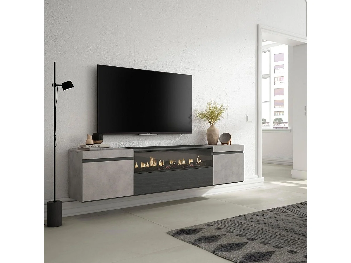 Mueble de TV Kroma con chimenea al centro diseño flotante gris 45x203x34,6 cm