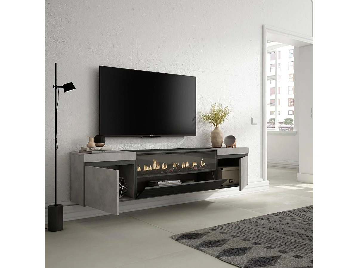 Mueble de TV Kroma con chimenea al centro diseño flotante gris 45x203x34,6 cm
