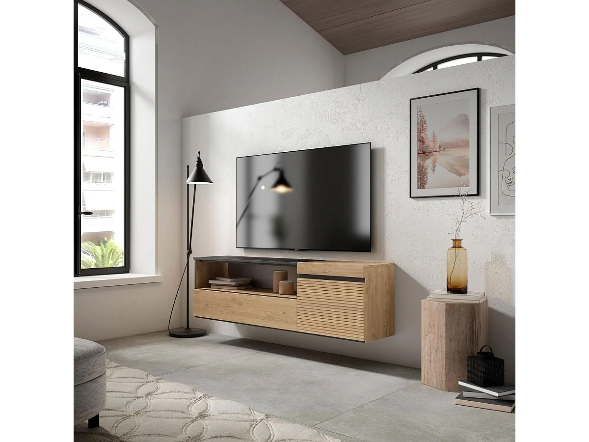 Mueble de TV Kroma diseño flotante compartimento izquierda natural 45x152,5x34,6 cm