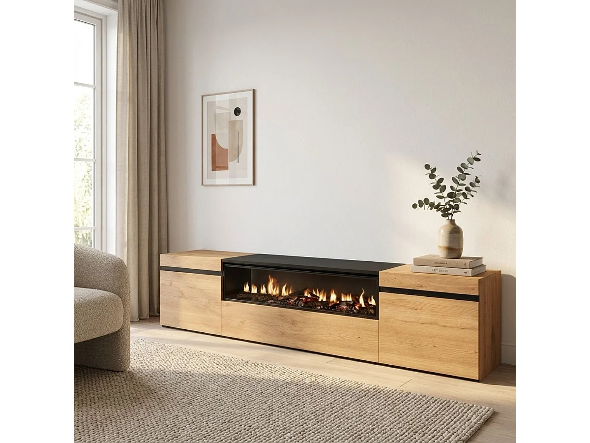 Mueble de TV Kroma con chimenea al centro natural 45x203x34,6 cm