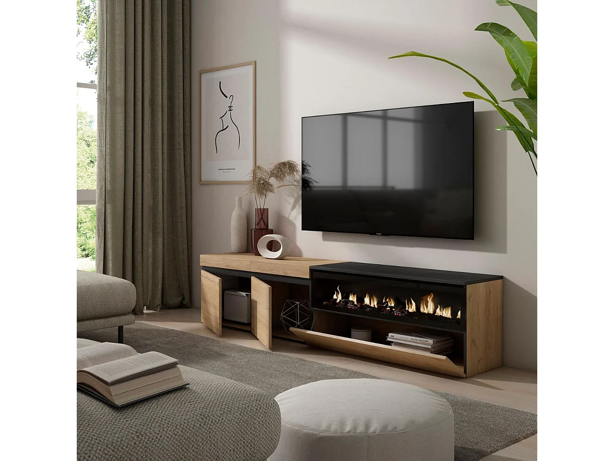 Mueble de TV Kroma 3 puertas con chimenea derecha roble 45x203x34,6 cm
