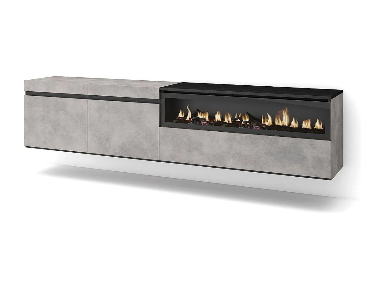 Mueble de TV Kroma flotante 3 puertas con chimenea derecha cemento 45x203x34,6 cm