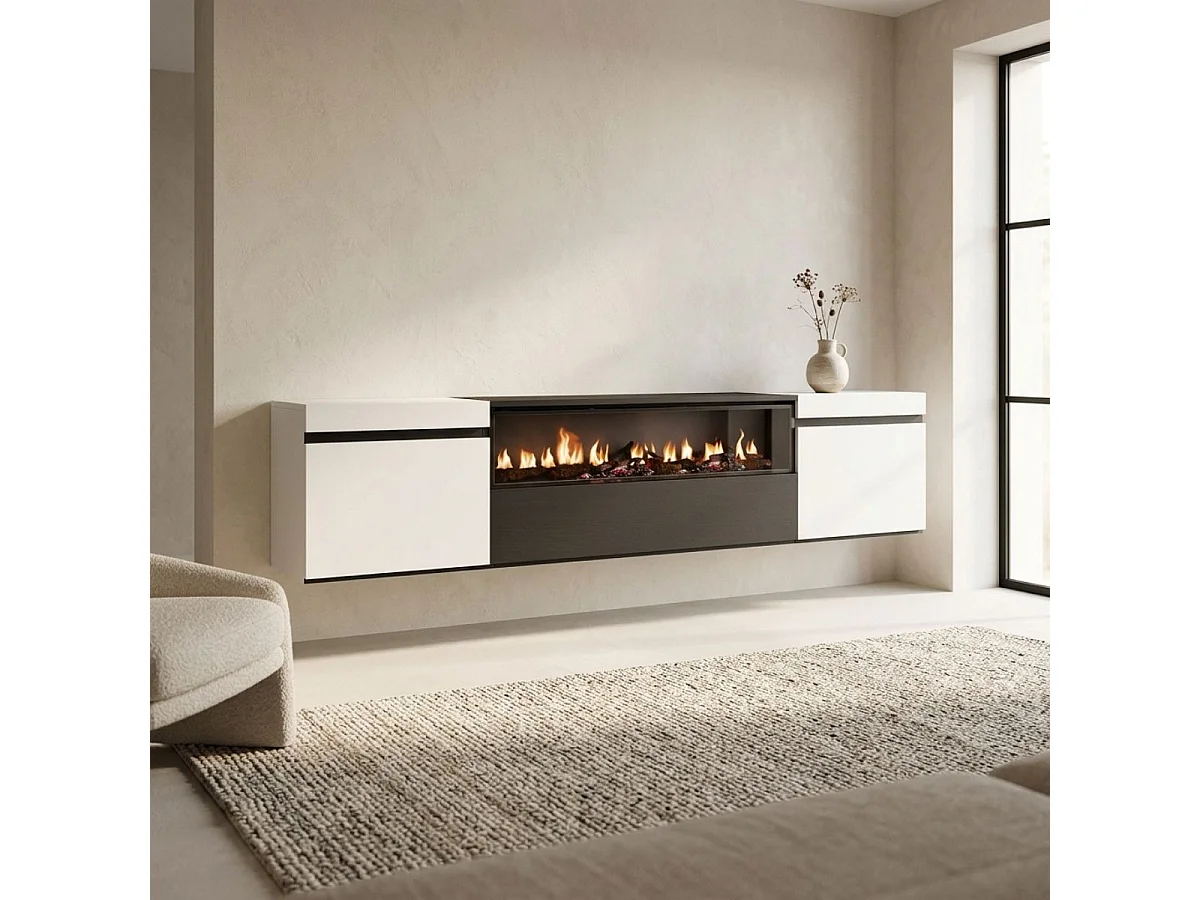 Mueble de TV Kroma con chimenea al centro diseño flotante blanco 45x203x34,6 cm