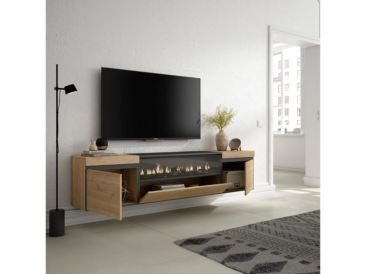 Mueble de TV Kroma diseño flotante con chimenea al centro natural 45x203x34,6 cm