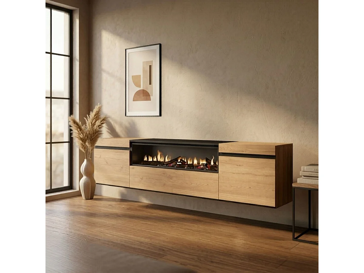 Mueble de TV Kroma diseño flotante con chimenea al centro natural 45x203x34,6 cm