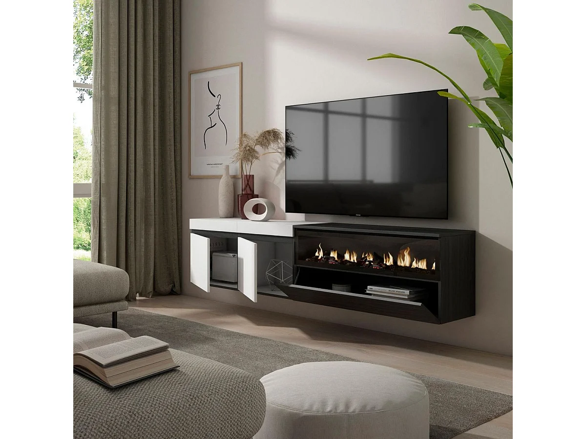 Mueble de TV Kroma flotante 3 puertas con chimenea derecha blanco/negro 45x203x34,6 cm