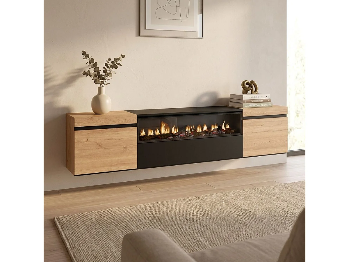 Mueble de TV Kroma con chimenea al centro diseño flotante natural 45x203x34,6 cm