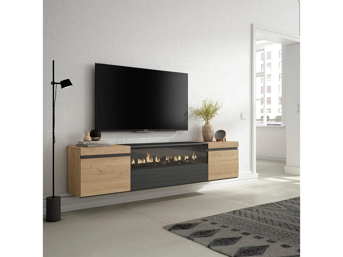 Mueble de TV Kroma con chimenea al centro diseño flotante natural 45x203x34,6 cm