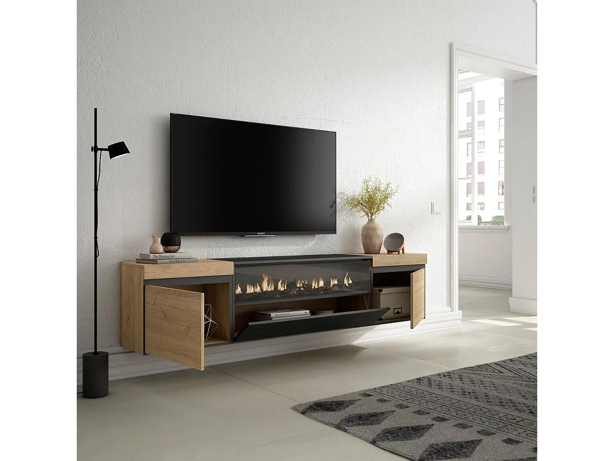 Mueble de TV Kroma con chimenea al centro diseño flotante natural 45x203x34,6 cm