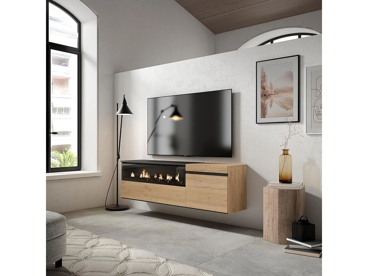 Mueble de TV Kroma diseño flotante con chimenea izquierda natural 45x152,5x34,6 cm