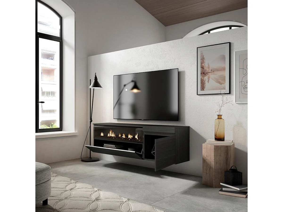 Mueble de TV Kroma diseño flotante con chimenea izquierda negro 45x152,5x34,6 cm