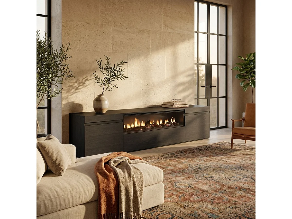 Mueble de TV Kroma con chimenea al centro negro 45x203x34,6 cm