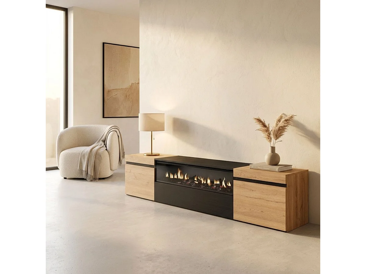 Mueble de TV Kroma con chimenea al centro diseño flotante natural 45x203x34,6 cm
