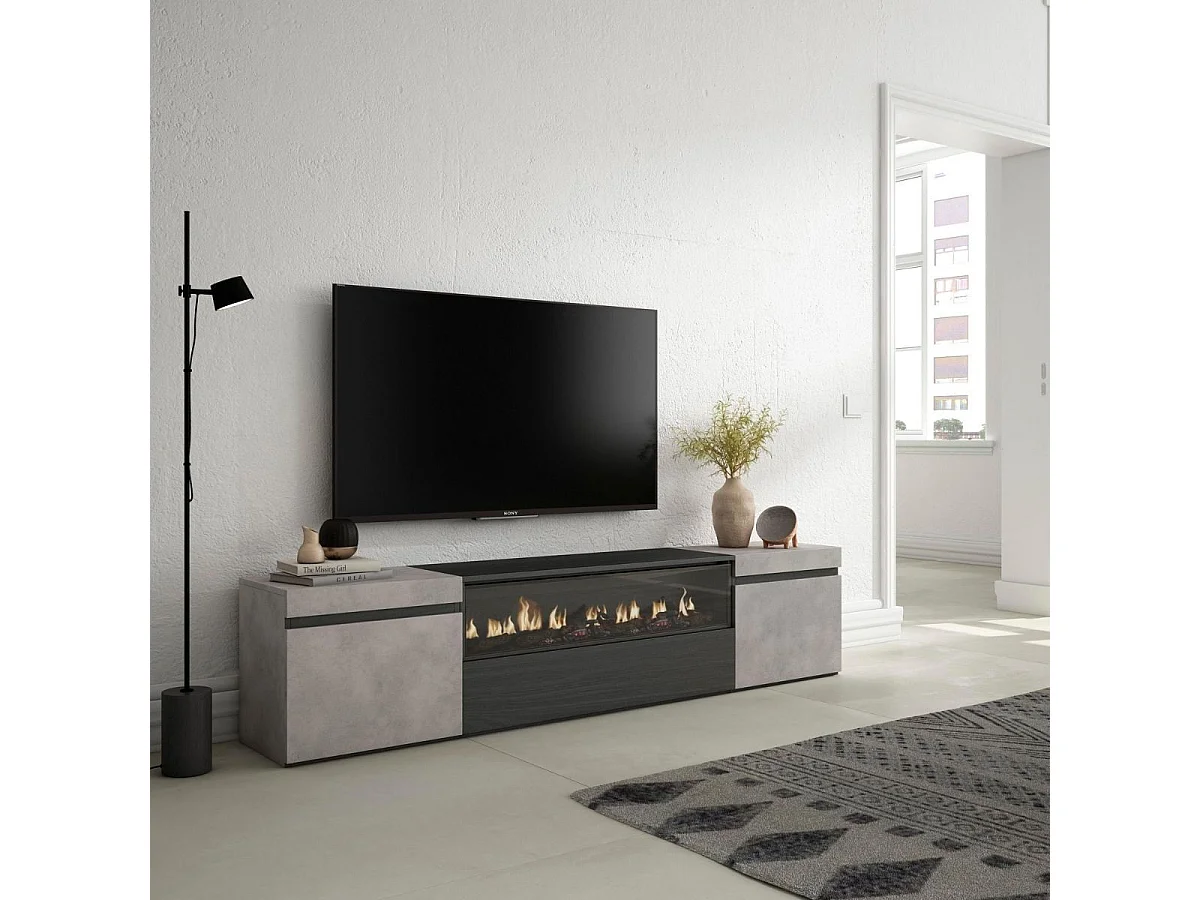 Mueble de TV Kroma con chimenea al centro diseño flotante gris 45x203x34,6 cm