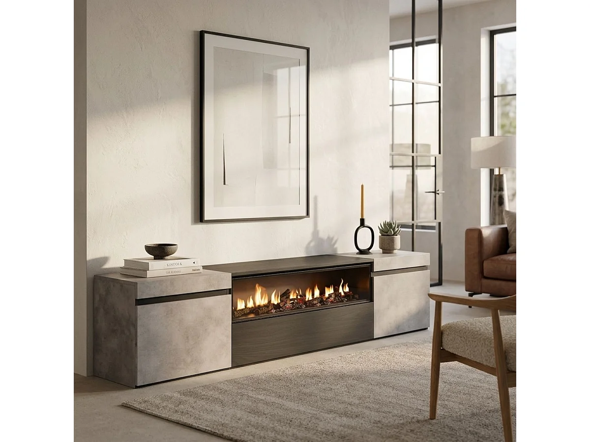 Mueble de TV Kroma con chimenea al centro diseño flotante gris 45x203x34,6 cm