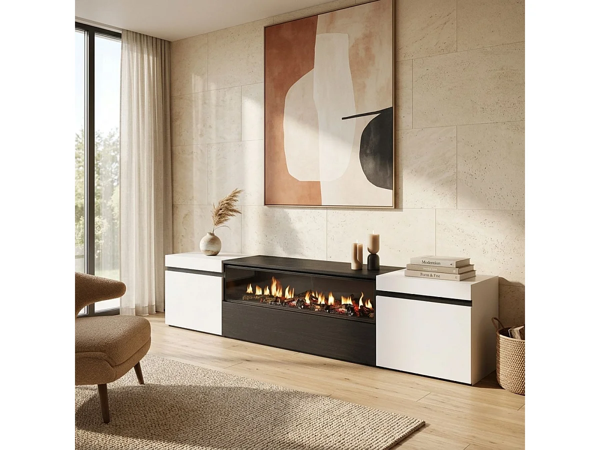 Mueble de TV Kroma con chimenea al centro diseño flotante blanco 45x203x34,6 cm