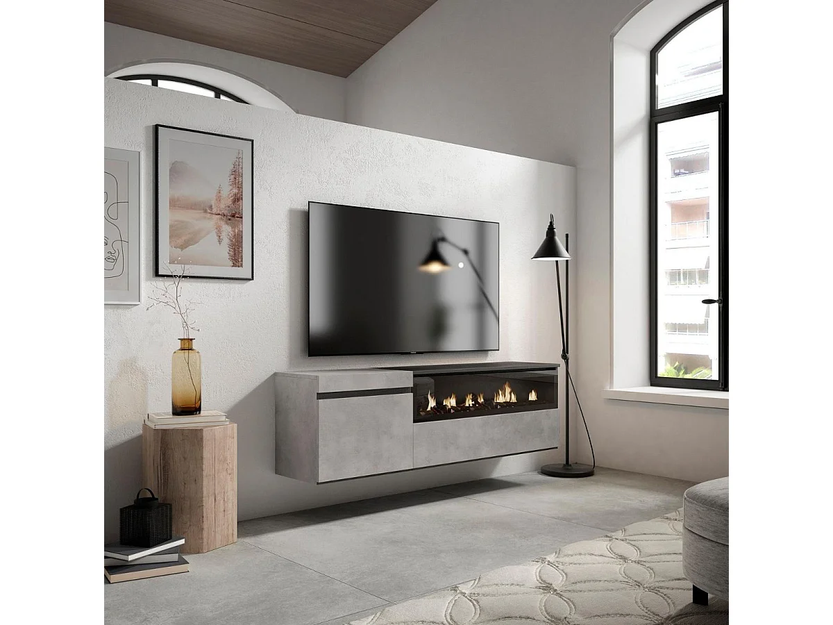 Mueble de TV Kroma diseño flotante con chimenea derecha gris 45x152,5x34,6 cm