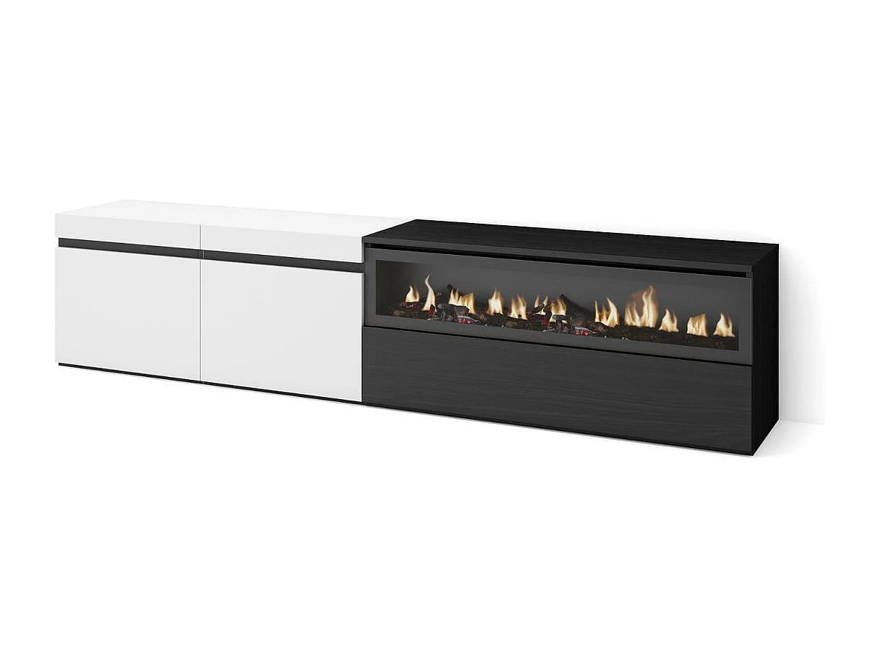 Mueble de TV Kroma 3 puertas con chimenea derecha blanco/negro 45x203x34,6 cm