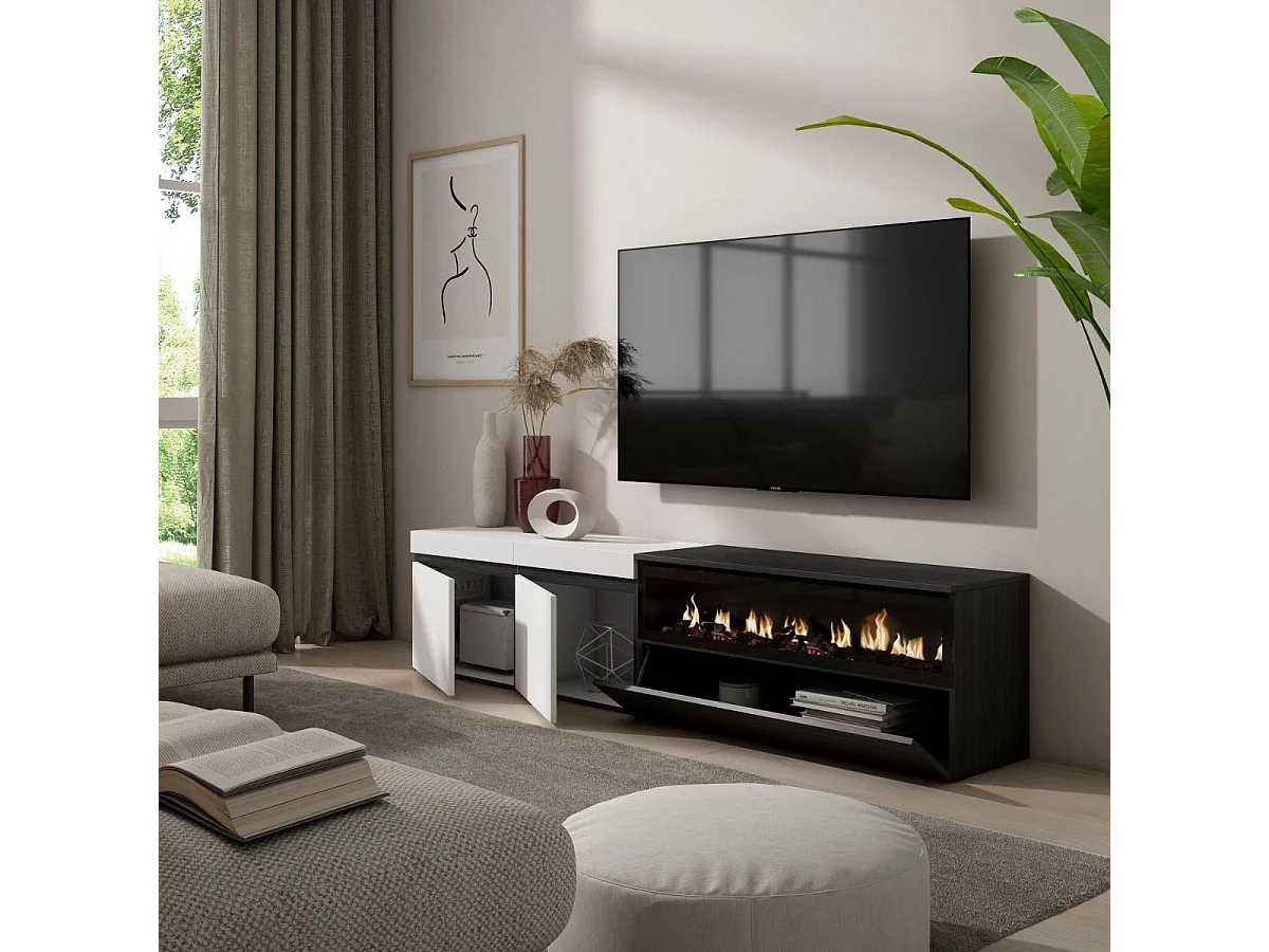 Mueble de TV Kroma 3 puertas con chimenea derecha blanco/negro 45x203x34,6 cm