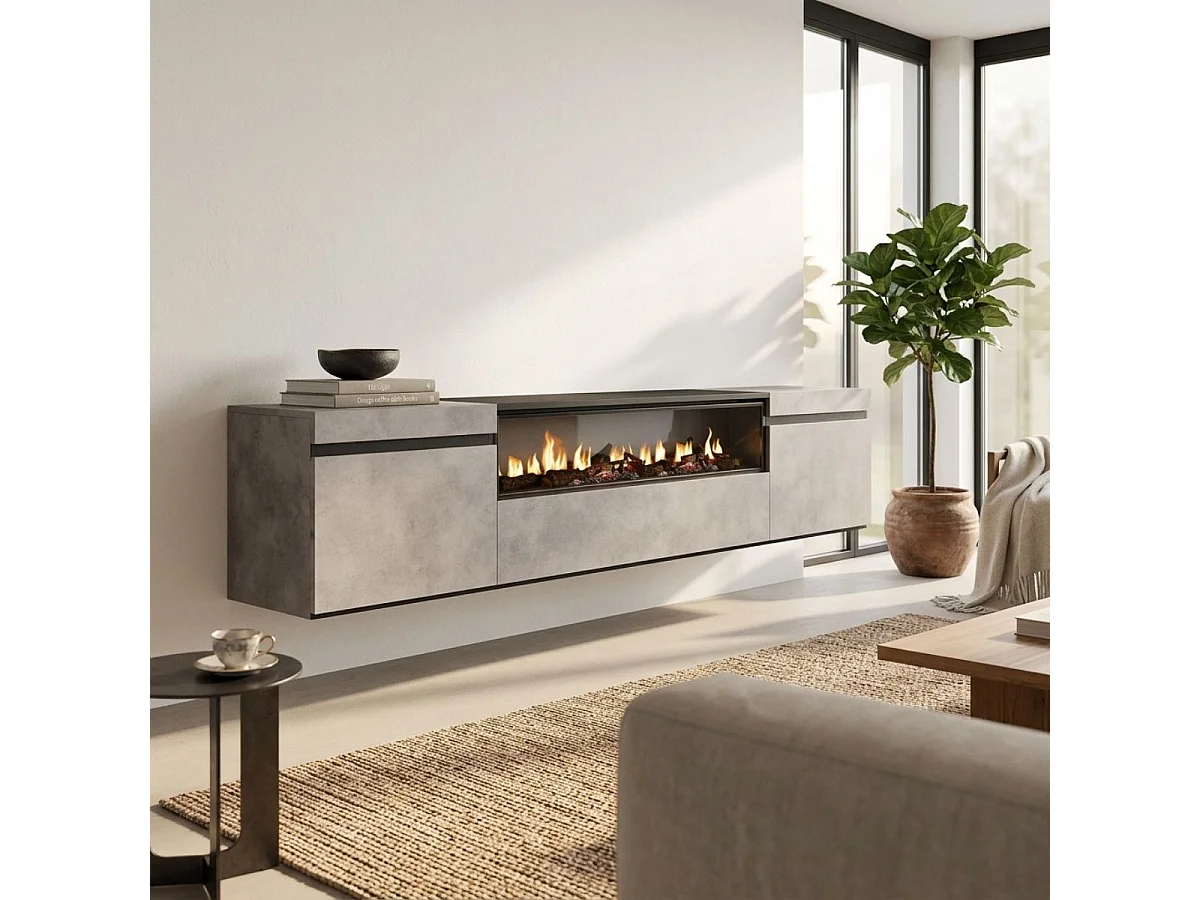Mueble de TV Kroma diseño flotante con chimenea al centro gris 45x203x34,6 cm