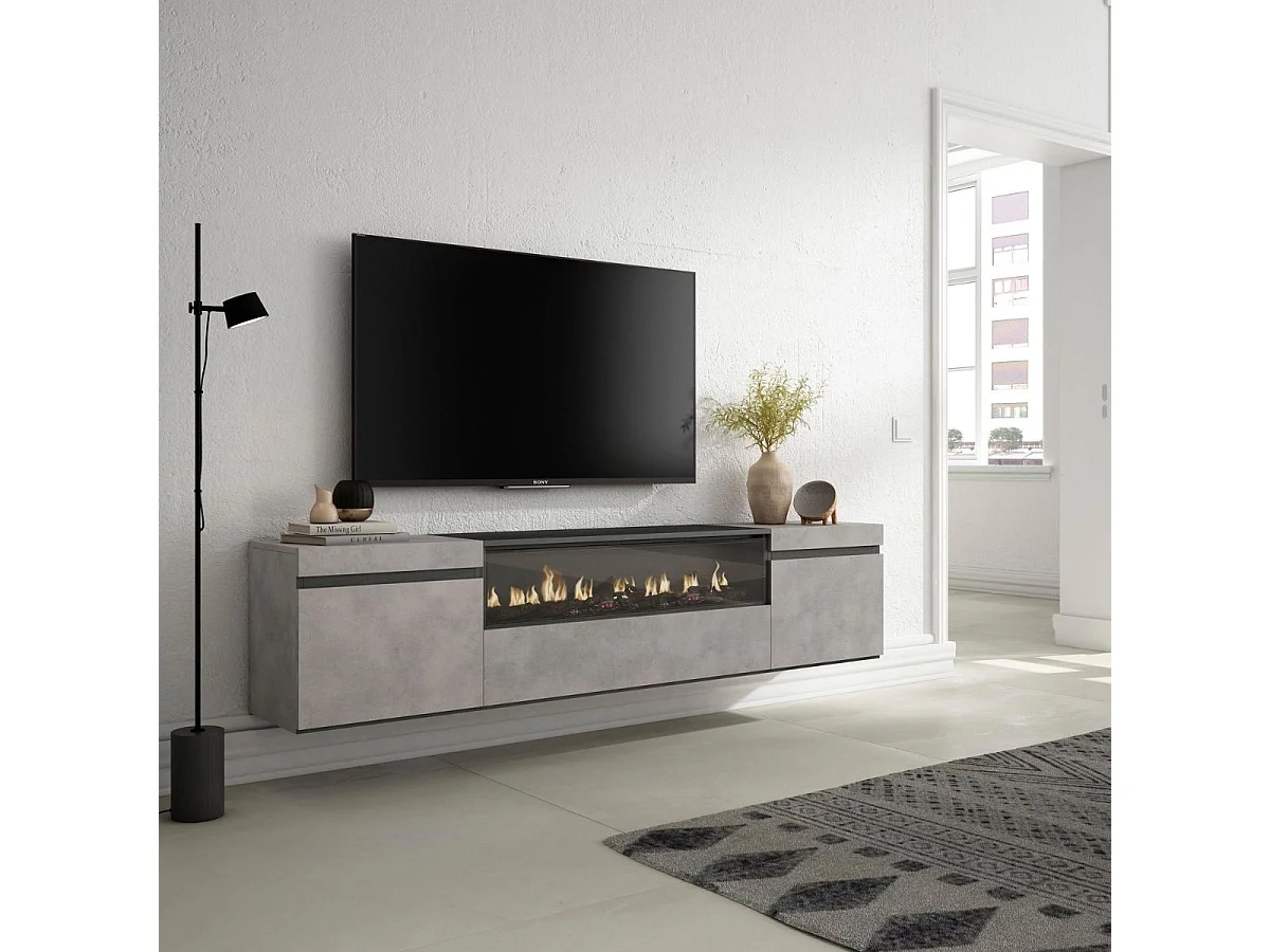 Mueble de TV Kroma diseño flotante con chimenea al centro gris 45x203x34,6 cm