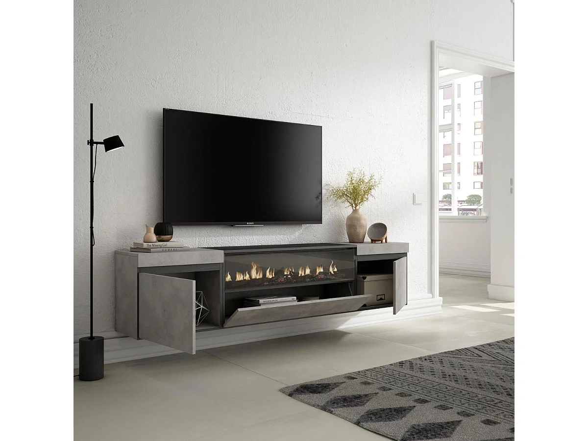 Mueble de TV Kroma diseño flotante con chimenea al centro gris 45x203x34,6 cm