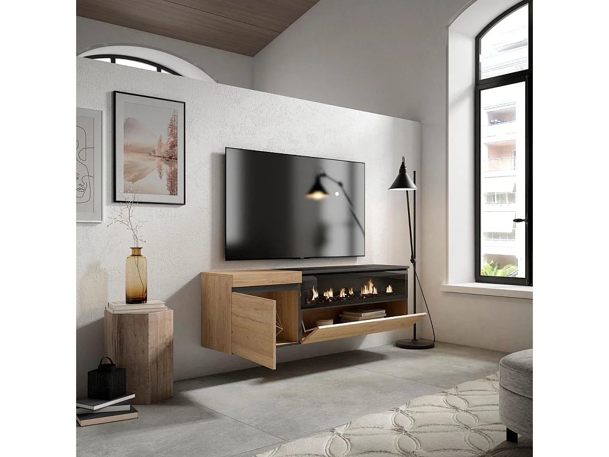 Mueble de TV Kroma diseño flotante con chimenea derecha natural 45x152,5x34,6 cm