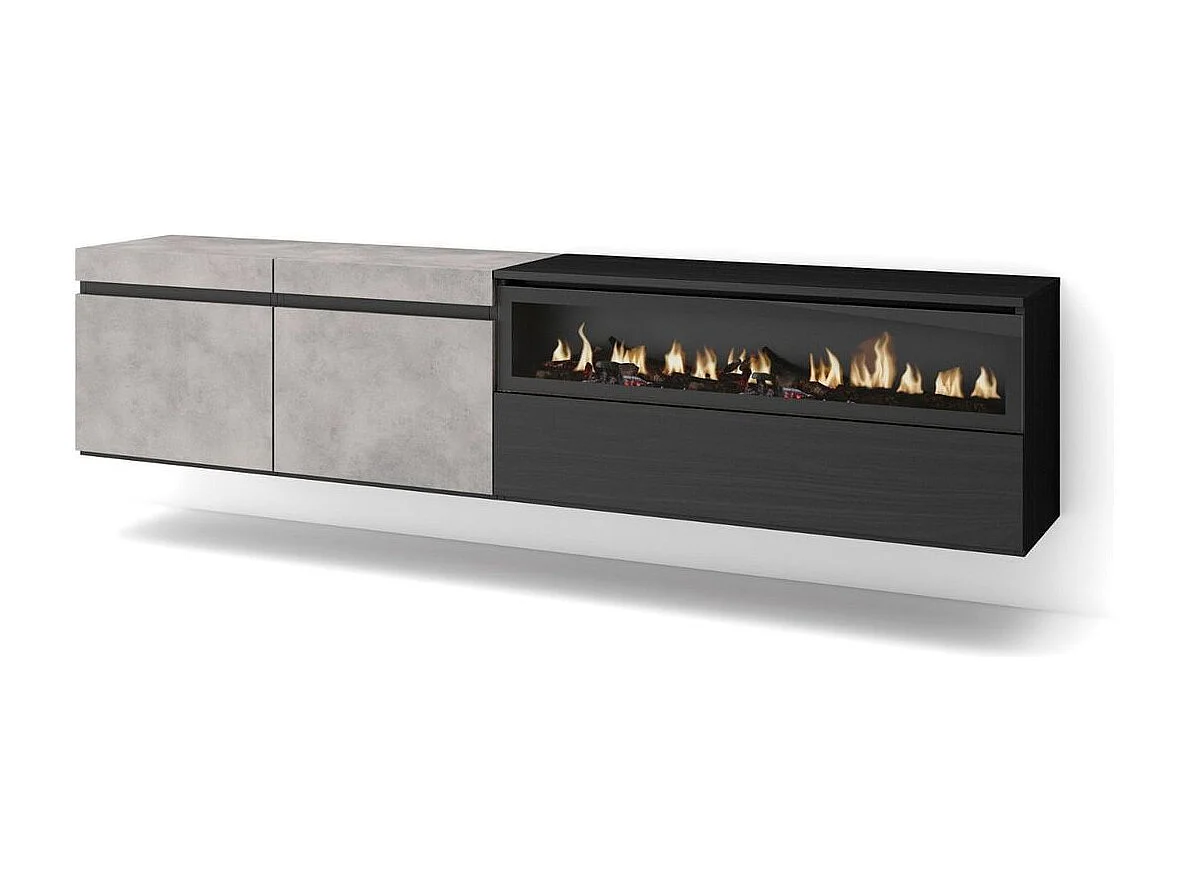 Mueble de TV Kroma flotante 3 puertas con chimenea derecha negro/gris 45x203x34,6 cm