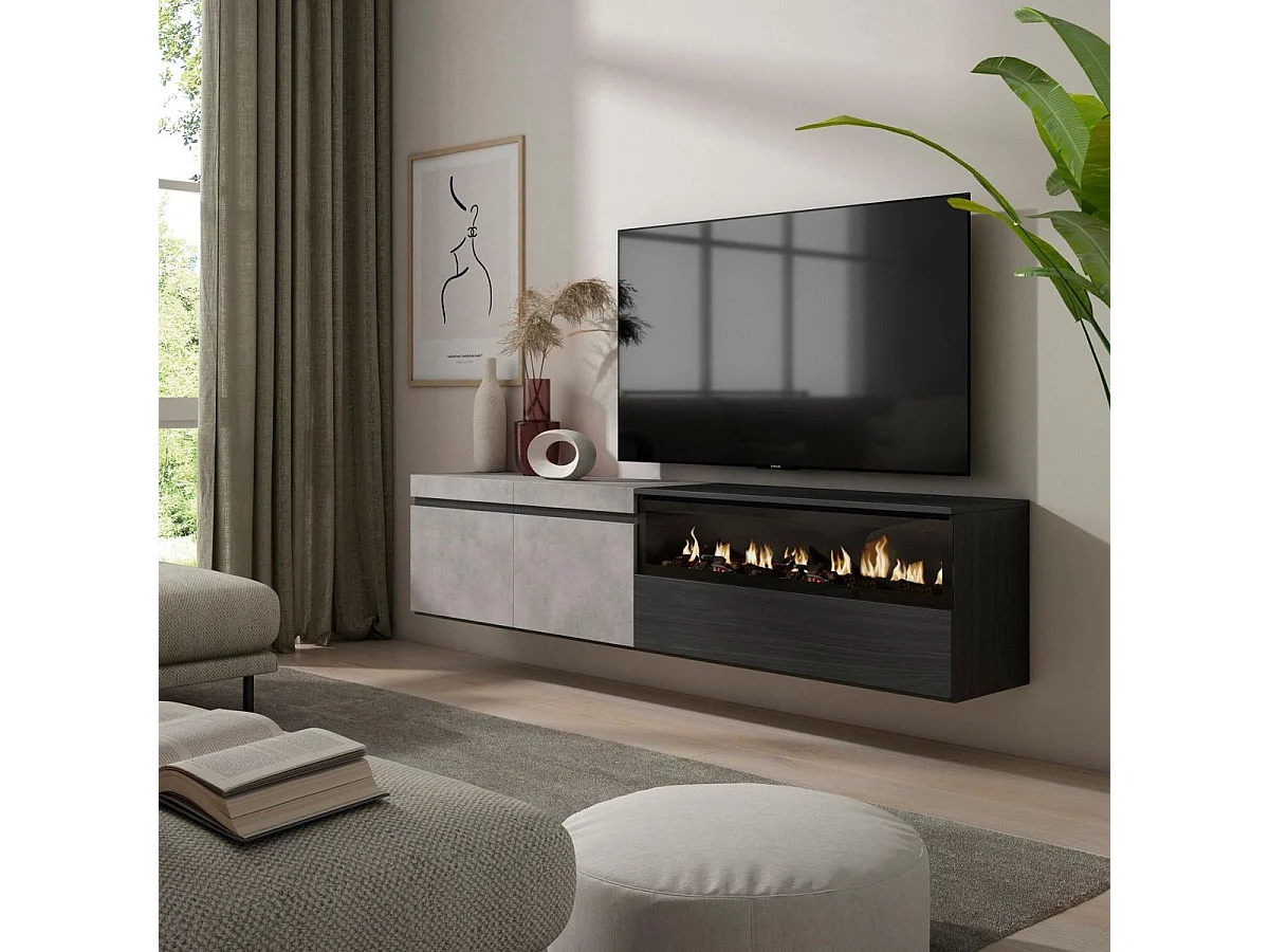 Mueble de TV Kroma flotante 3 puertas con chimenea derecha negro/gris 45x203x34,6 cm