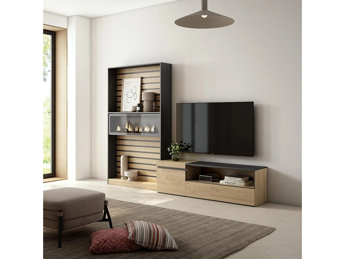 Composición de salón Kroma mueble de TV con chimenea izquierda  natural/negro 185,9x262,9x34,6 cm