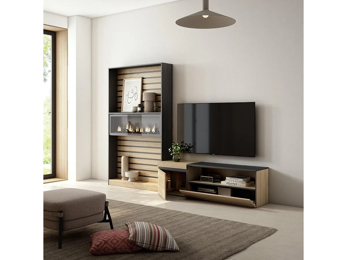 Composición de salón Kroma mueble de TV con chimenea izquierda  natural/negro 185,9x262,9x34,6 cm