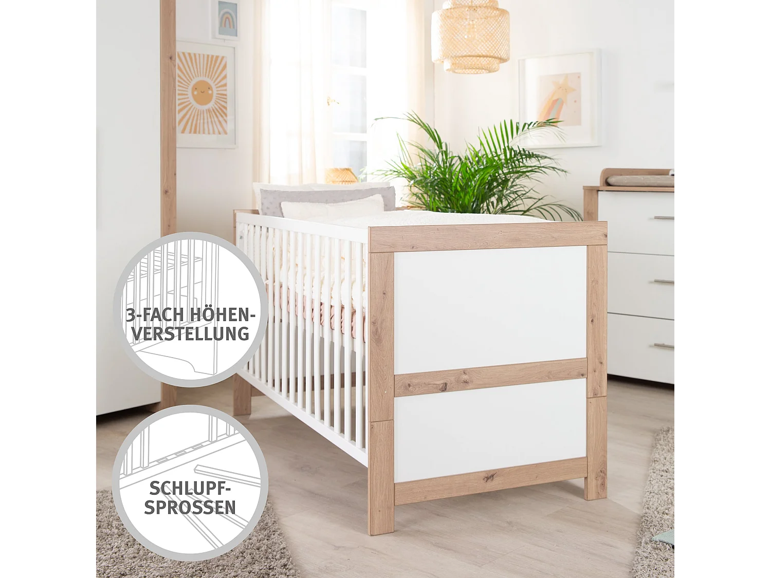 roba Chambre Bébé Malo - Lit Bébé/Enfant 70x140, Armoire & Commode À Langer - Blanc / Décor Chêne