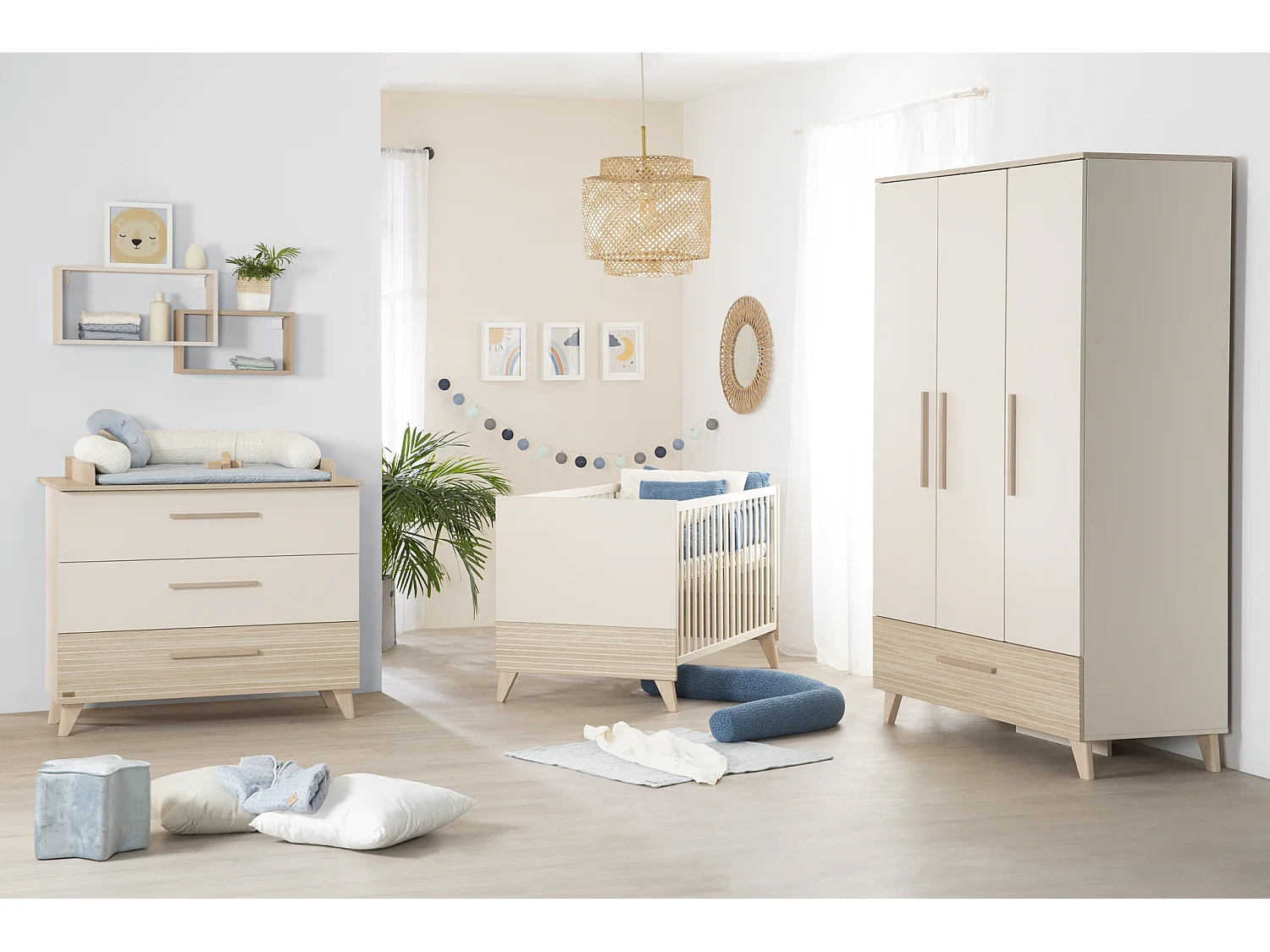 roba Chambre Bébé Sidney 3 Pièces - Lit Bébé/Enfant 70 x 140 cm + Commode À Langer + Armoire - Cachemire / Chêne