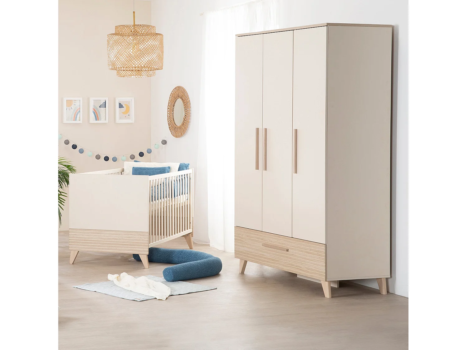roba Chambre Bébé Sidney 3 Pièces - Lit Bébé/Enfant 70 x 140 cm + Commode À Langer + Armoire - Cachemire / Chêne