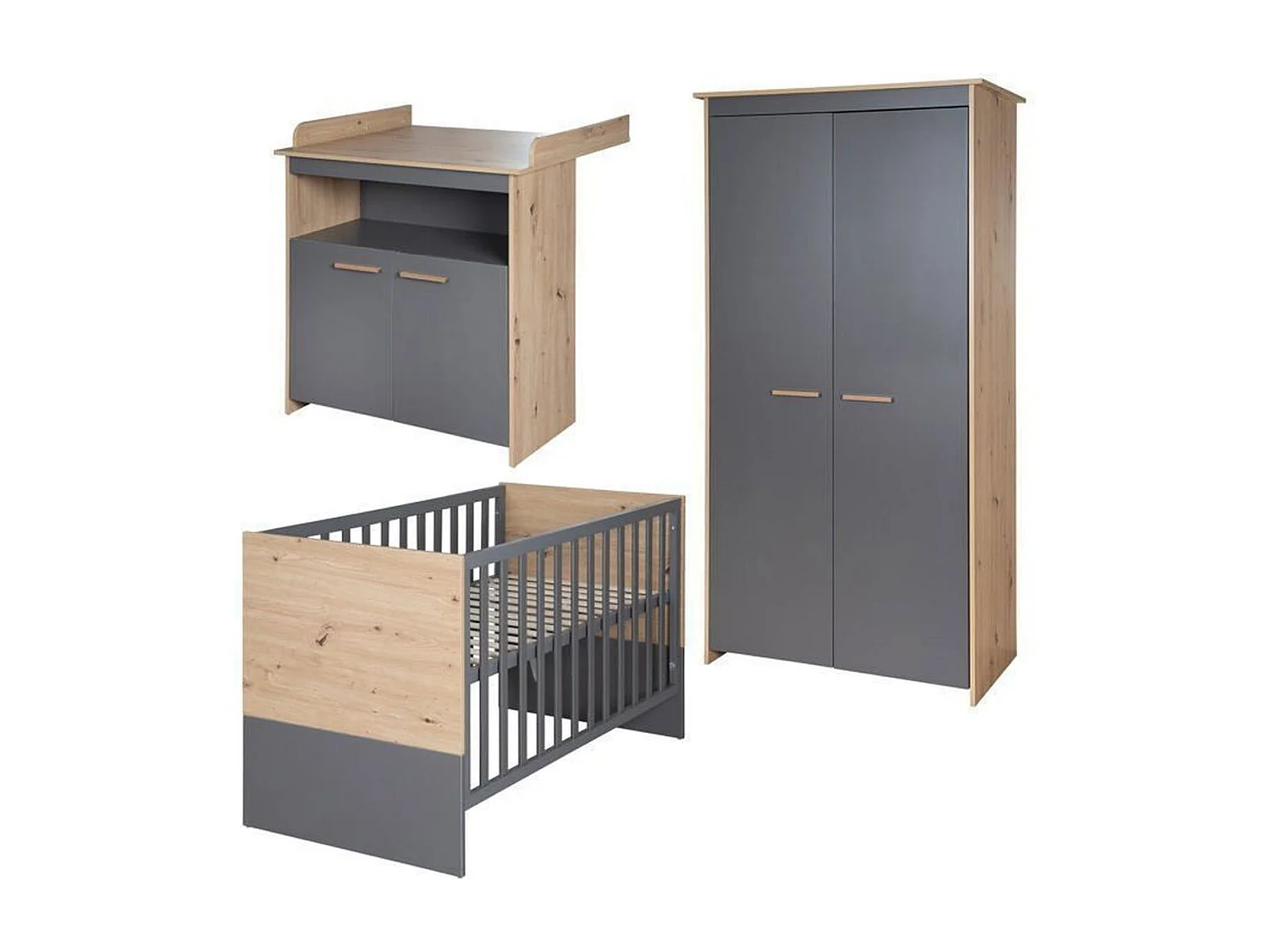 Ensemble chambre bébé 3 pièces ROBA Anna – Lit 60x120 cm, Commode à langer & Armoire 2 portes, Anthracite et Chêne