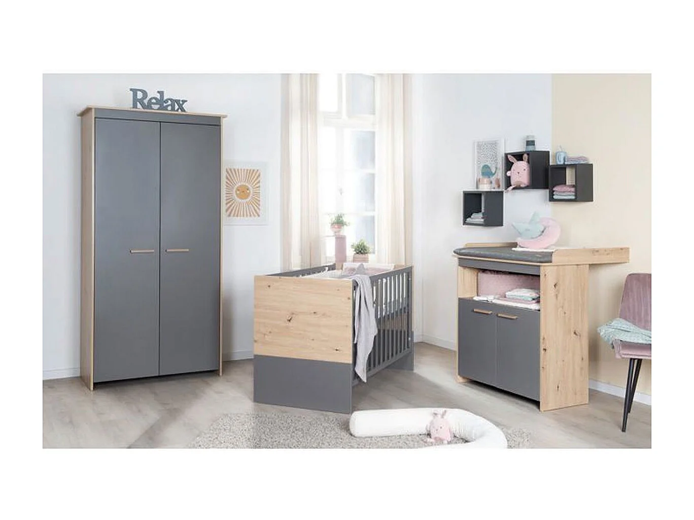 Ensemble chambre bébé 3 pièces ROBA Anna – Lit 60x120 cm, Commode à langer & Armoire 2 portes, Anthracite et Chêne