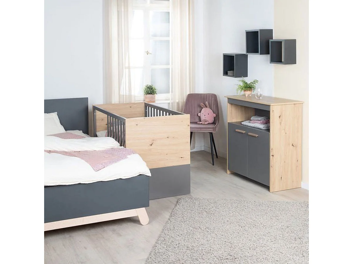 Ensemble chambre bébé 3 pièces ROBA Anna – Lit 60x120 cm, Commode à langer & Armoire 2 portes, Anthracite et Chêne