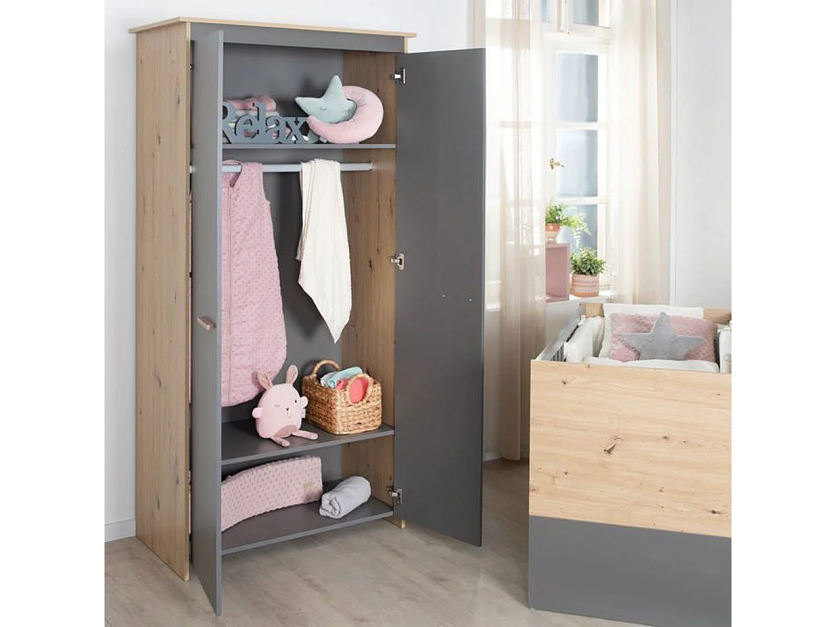 Ensemble chambre bébé 3 pièces ROBA Anna – Lit 60x120 cm, Commode à langer & Armoire 2 portes, Anthracite et Chêne
