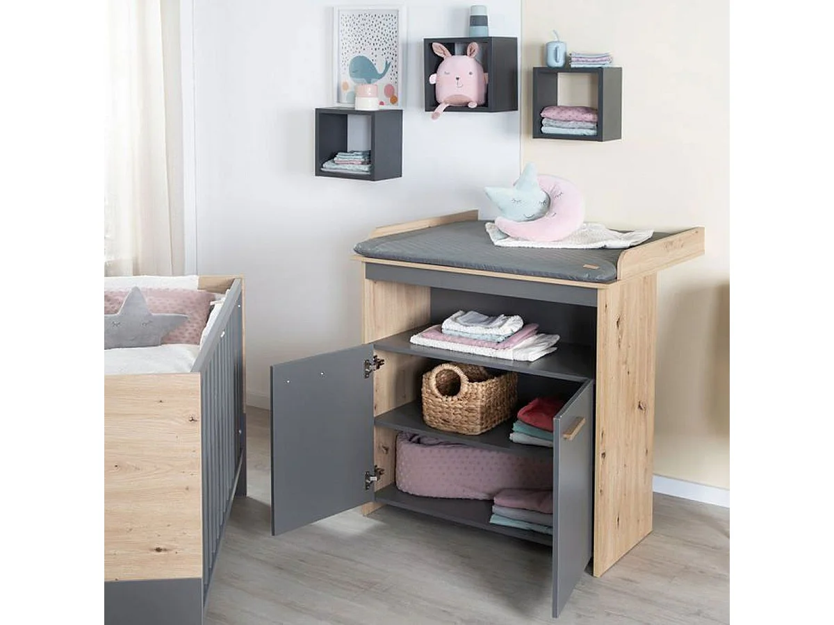 Ensemble chambre bébé 3 pièces ROBA Anna – Lit 60x120 cm, Commode à langer & Armoire 2 portes, Anthracite et Chêne