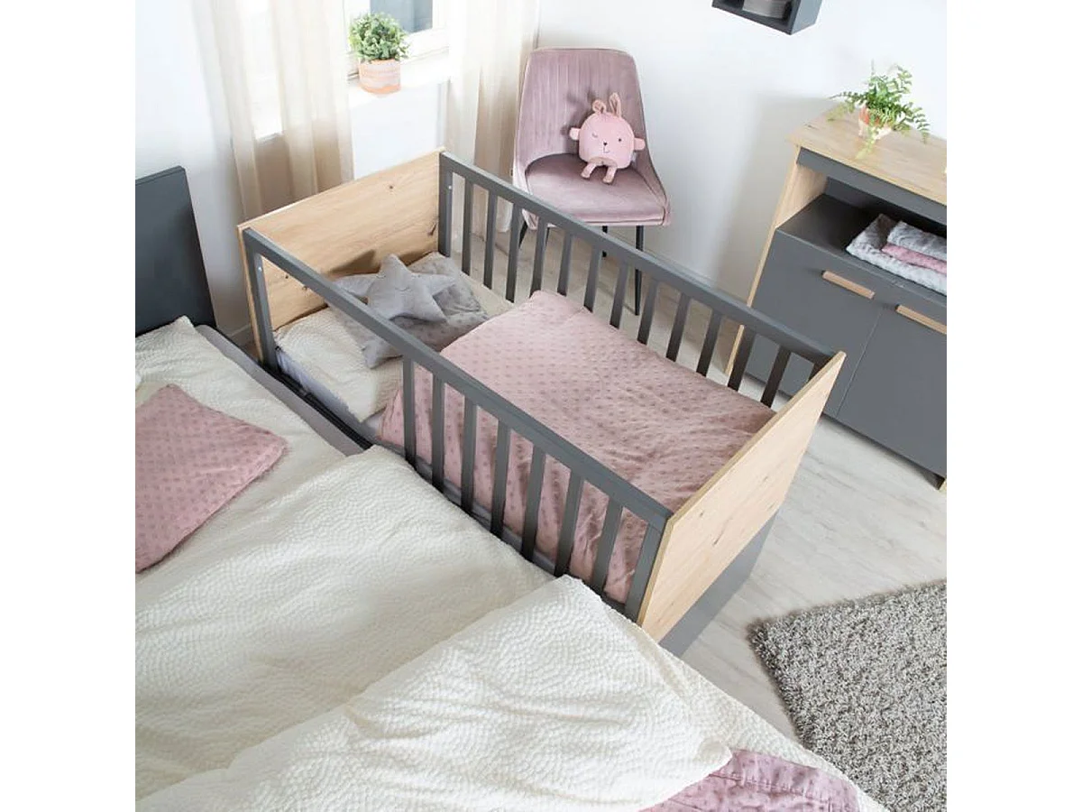 Ensemble chambre bébé 3 pièces ROBA Anna – Lit 60x120 cm, Commode à langer & Armoire 2 portes, Anthracite et Chêne