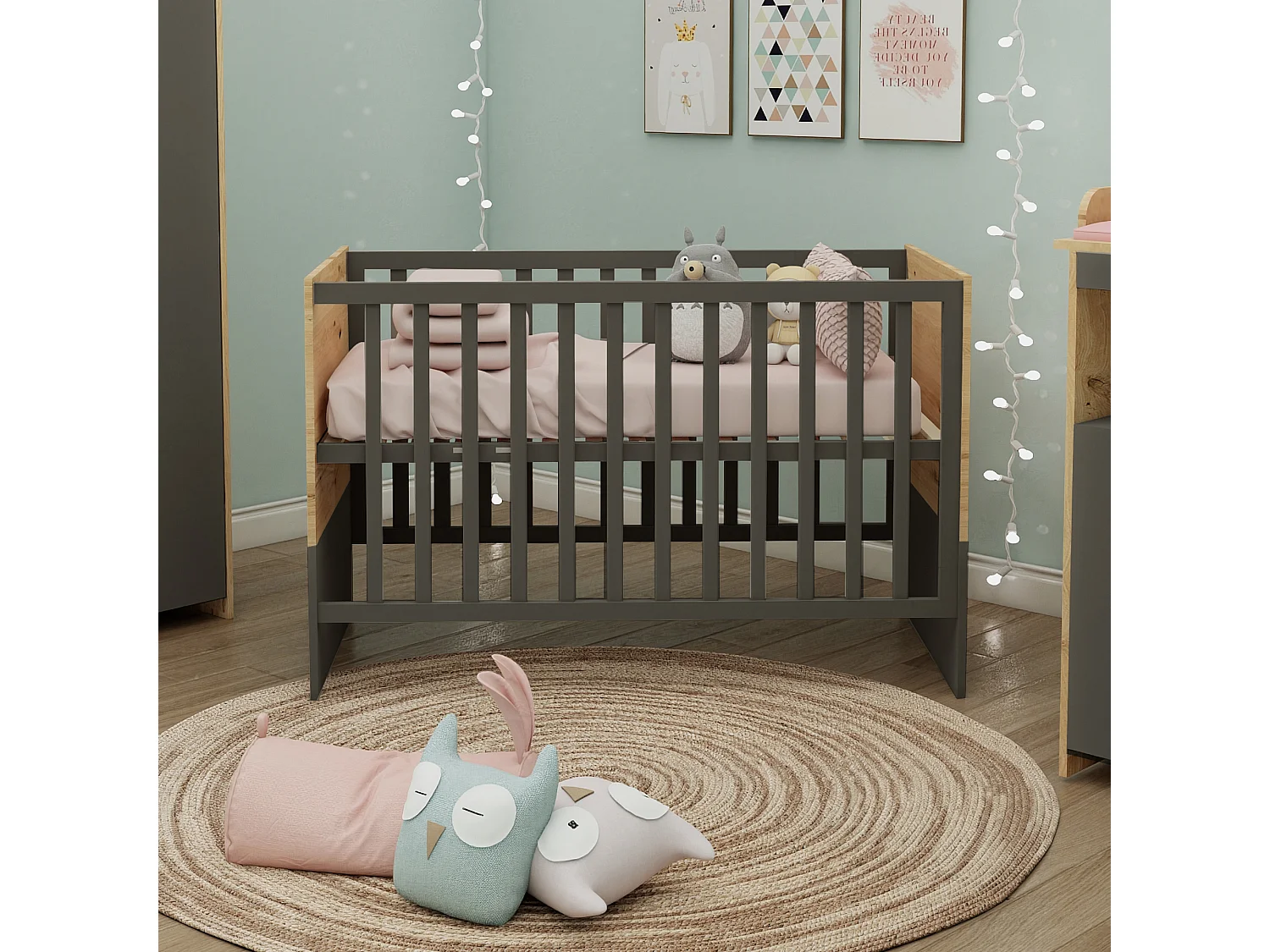 Ensemble chambre bébé 3 pièces ROBA Anna – Lit 60x120 cm, Commode à langer & Armoire 2 portes, Anthracite et Chêne