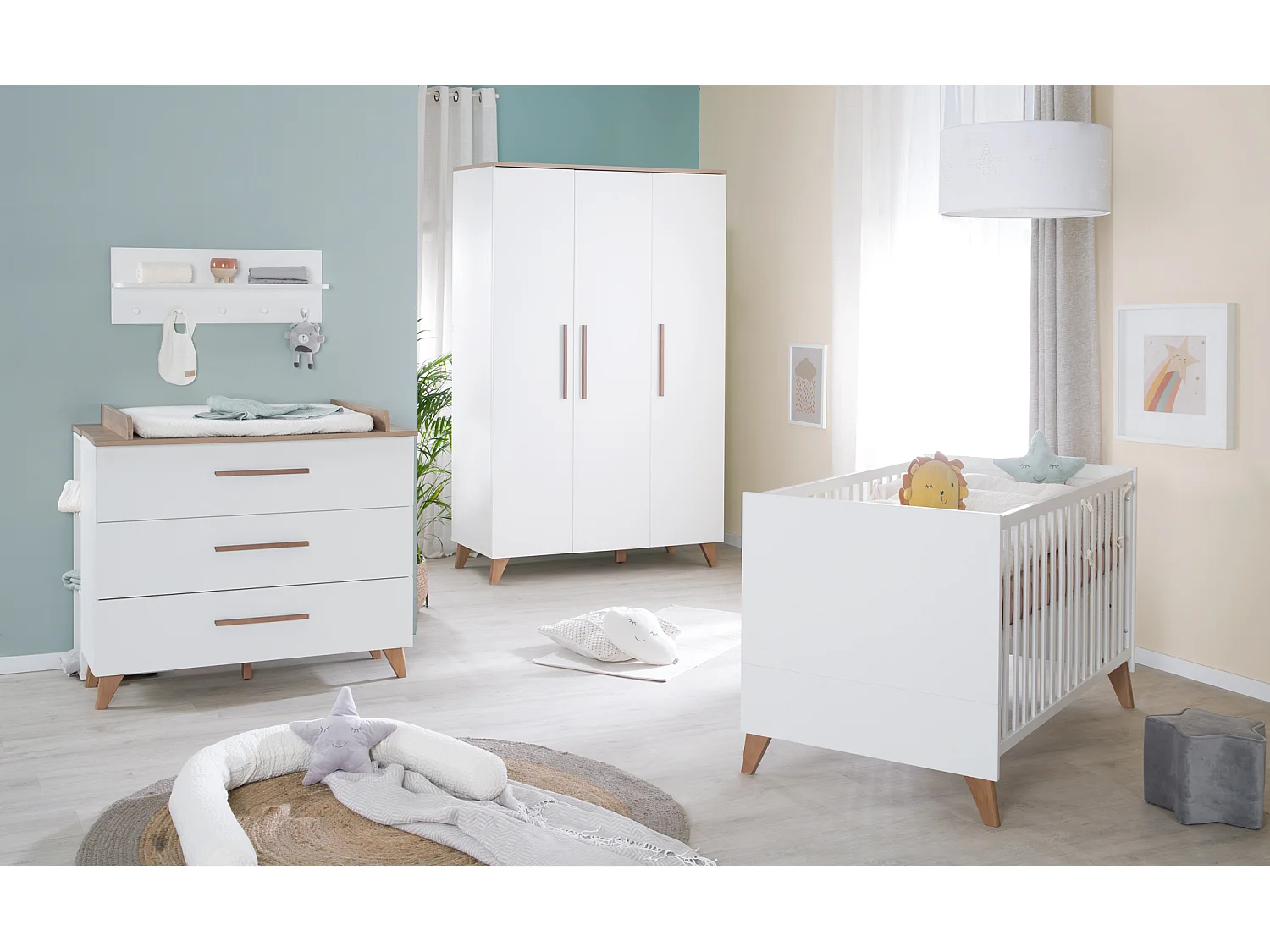 ROBA Chambre Bébé Ole – Lit Bébé/Enfant 70×140, Armoire & Commode À Langer – Blanc / Décor Chêne